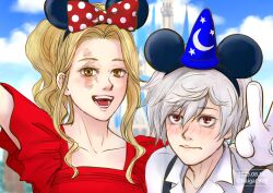  1boy 1girl absurdres animal_ear_hairband animal_ears blonde_hair blush bow brown_eyes closed_mouth clouds collared_shirt commentary_request contemporary cosplay dated disney disneyland dress fake_animal_ears gabimaru gloves haiga0619 hair_between_eyes hairband hat highres jigokuraku mickey_mouse mickey_mouse_(cosplay) mickey_mouse_ears mini_hat minnie_mouse minnie_mouse_(cosplay) minnie_mouse_ears open_mouth polka_dot polka_dot_bow red_dress red_eyes scar scar_across_eye scar_on_face selfie shirt smile suspenders v white_gloves white_hair yui_(jigokuraku) 