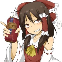  1girl alcohol bad_id bad_pixiv_id bare_shoulders beer blush bow brown_eyes brown_hair can collarbone commentary_request detached_sleeves drink_can drooling frilled_bow frilled_hair_tubes frills hair_bow hair_tubes hakurei_reimu holding holding_can long_hair looking_at_viewer neckerchief nontraditional_miko sidelocks sleeveless smile solo touhou upper_body xenon_(kona-card) yellow_neckerchief 
