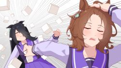 2girls absurdres adjusting_hair agnes_tachyon_(umamusume) ahoge animal_ears black_hair blush bow bowtie brown_hair chemical_structure closed_eyes closed_mouth commentary ear_tag earrings hair_between_eyes hand_in_own_hair hand_on_own_head highres horse_ears horse_girl jewelry long_bangs long_hair long_hair_between_eyes long_sleeves manhattan_cafe_(umamusume) medium_hair meme motion_blur multicolored_hair multiple_girls nanaken_(qijian23092715) naoya_hitting_choso_without_looking_(meme) open_mouth parody pleated_skirt purple_sailor_collar purple_serafuku purple_shirt purple_skirt sailor_collar sailor_shirt scene_reference school_uniform serafuku shirt single_earring skirt sugar_cube tracen_school_uniform umamusume very_long_hair white_bow white_bowtie white_hair 