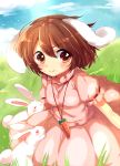  1girl animal_ears blue_sky brown_eyes brown_hair carrot dress grass inaba_tewi paragasu_(parags112) rabbit rabbit_ears short_hair sky smile touhou 