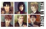  1girl 5boys armin_arlert black_hair blonde_hair blood blue_eyes brilcrist brown_eyes brown_hair eren_jaeger erwin_smith green_eyes jean_kirchstein levi_(shingeki_no_kyojin) mikasa_ackerman multiple_boys portrait realistic shingeki_no_kyojin 