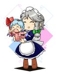  2girls :&gt; apron baby blue_dress blue_hair blush_stickers braid carrying closed_eyes dress fang hair_ribbon izayoi_sakuya juliet_sleeves kingguyver long_sleeves maid maid_headdress multiple_girls open_mouth polearm puffy_sleeves remilia_scarlet ribbon romper silver_hair smile spear touhou twin_braids waist_apron weapon younger 