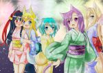  5girls animal_ears aqua_hair arm_grab bell black_hair blonde_hair blue_eyes blush bow cat_ears cat_tail dog_ears dog_tail fang fireworks flower fox_ears fox_tail green_eyes hair_bell hair_bow hair_flower hair_ornament highres japanese_clothes kimono light_smile long_hair multiple_girls open_mouth original playjoe2005 purple_hair red_eyes short_hair short_kimono short_yukata smile tail violet_eyes yukata 