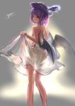  1girl absurdres alternate_costume back backless_outfit backlighting bare_arms bare_shoulders bat_wings dress dress_lift hat highres looking_at_viewer looking_back myero pink_eyes purple_hair remilia_scarlet see-through solo strapless_dress touhou turning white_dress wings 