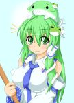  1girl :3 =_= animal_on_head blue_background blush breasts broom detached_sleeves frog_hair_ornament green_eyes green_hair hair_ornament hair_tubes kochiya_sanae kokujuuji long_hair looking_up necktie simple_background smile snake_hair_ornament solo sukusuku_hakutaku touhou 