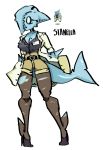  1girl belt_buckle blue_skin breasts cleavage fish_tail gats_(nougats) genderswap high_heels labcoat name_tag opaque_glasses shark_girl shorts skullgirls solo stanley_whitefin stiletto_heels thigh-highs torn_clothes torn_thighhighs 