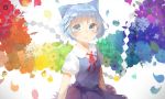  1girl acidear blue_dress blue_eyes blue_hair bow cirno dress flower hair_bow looking_at_viewer puffy_sleeves shirt short_sleeves solo touhou 