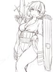  1girl arrow blush bow breasts cleavage hiryuu_(kantai_collection) japanese_clothes kantai_collection looking_at_viewer monochrome open_mouth personification quill ren_san short_hair sketch skirt skirt_lift smile solo weapon yugake 