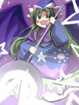  1girl blush bow dress gaoo_(frpjx283) green_eyes green_hair hat highres mima open_mouth solo staff star sun touhou wings witch_hat 