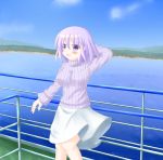  1girl alternate_costume blue_sky blush_stickers breasts clouds female forest hand_behind_head handrail high_collar hishi_(radioiso) lavender_hair letty_whiterock looking_at_viewer mountain nature open_mouth outdoors ribbed_sweater shoreline short_hair skirt sky solo sweater touhou violet_eyes water wind_lift 