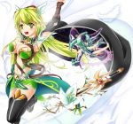  2girls blush boots breasts cape character_request cleavage elf elsword feathers flower fluegel green_eyes green_hair highres long_hair multiple_girls musical_note musical_staff overskirt pointy_ears rena_(elsword) sword thigh_boots thighhighs violet_eyes weapon 