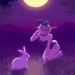  1girl animal_ears bowtie bunny_tail bunnysuit detached_collar fukusuke_hachi-gou green_hair highres kneeling moon original rabbit rabbit_ears red_eyes short_hair tail wink wrist_cuffs 