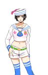  1girl black_hair blue_eyes blue_legwear dixie_cup_hat genderswap hat higashikata_jousuke_(jojolion) jojo_no_kimyou_na_bouken jojolion midriff sailor short_hair shorts thighhighs vldksltlah88 