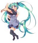  1girl aqua_hair blue_eyes boots detached_sleeves hatsune_miku long_hair open_mouth outstretched_arm simple_background skirt solo thigh_boots thighhighs twintails urara_(sumairuclover) very_long_hair vocaloid white_background 