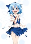  1girl blue_dress blue_eyes blue_hair blush bow cirno do_(4-rt) dress fang hair_bow highres ice ice_wings looking_at_viewer midriff navel open_mouth puffy_sleeves shirt short_sleeves solo tears torn_clothes torn_dress torn_shirt touhou uneven_eyes wings 