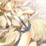  1girl blonde_hair blush green_eyes hypoxis kunai lying mizuhashi_parsee open_clothes open_robe pointy_ears scarf short_hair solo touhou weapon 