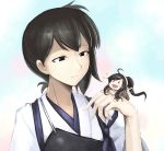  1girl blush brown_eyes brown_hair damage_control_crew_(kantai_collection) giantess hetza_(hellshock) japanese_clothes kaga_(kantai_collection) kantai_collection multiple_girls muneate open_mouth personification short_hair side_ponytail smile 