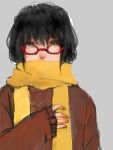  1girl black_hair glasses lowres mo-mantai original red-framed_glasses scarf sweater 