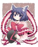  1girl animal_ears blue_eyes blue_hair bow bust capelet cat_ears commentary_request hammer_(sunset_beach) hat hat_removed headwear_removed kemonomimi_mode looking_at_viewer nagae_iku shawl short_hair solo touhou 