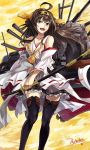  1girl absurdres ahoge artist_name black_legwear breasts brown_hair cleavage detached_sleeves grey_eyes hairband headgear highres japanese_clothes kantai_collection katana kongou_(kantai_collection) neko_(yanshoujie) open_mouth personification skirt solo sword thighhighs weapon wide_sleeves 