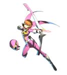  1girl boots bow_(weapon) brown_eyes brown_hair gloves highres official_art persona persona_3 persona_4:_the_ultimate_in_mayonaka_arena sentai short_hair simple_background takeba_yukari weapon white_background 
