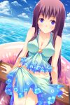  1girl blue_eyes blush breasts cleavage inflatable_raft long_hair ocean original purple_hair sarong sitting sky smile solo terasur 