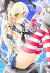  1girl anchor black_panties blonde_hair blush elbow_gloves gloves hair_ornament hairband innertube kantai_collection long_hair looking_at_viewer navel open_mouth panties personification ray83222 rensouhou-chan shimakaze_(kantai_collection) sitting skirt solo striped striped_legwear thighhighs underwear white_gloves yellow_eyes 