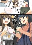  1boy 2girls admiral_(kantai_collection) bare_shoulders black_hair blush brown_hair comic cup houshou_(kantai_collection) japanese_clothes kantai_collection kongou_(kantai_collection) long_hair multiple_girls open_mouth personification ponytail shimotsuki_iko teacup translation_request 