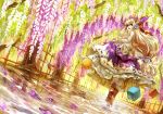  1girl blonde_hair boots bow chain fence hair_bow highres horn_ribbon horns ibuki_suika long_hair looking_at_viewer looking_back low-tied_long_hair nishiuri open_mouth petals red_eyes ribbon shackle shirt skirt sleeveless sleeveless_shirt solo touhou tree turning wallpaper water weights wrist_cuffs 