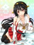  1girl bare_shoulders black_hair black_legwear breasts cleavage detached_sleeves dotera-otoko hairband haruna_(kantai_collection) honeycomb_background japanese_clothes kantai_collection long_hair looking_at_viewer miko personification smile solo thighhighs 