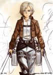  1girl autumn-north belt blue_eyes boots cropped_jacket dual_wielding eyebrows flat_chest frown glasses knee_boots rico_brzenska rimless_glasses shingeki_no_kyojin short_hair silver_hair solo suspenders sword thick_eyebrows thigh_strap three-dimensional_maneuver_gear uniform weapon 