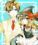  1boy 1girl apron blazer blonde_hair blue_background blue_eyes bow braid checkered checkered_background clannad dress_shirt hair_bow hat hat_ribbon kirisame_marisa long_hair looking_at_viewer necktie parted_lips ribbon shirt short_hair single_braid skirt skirt_set smile sunohara_youhei touhate_(ikumiru) touhou waist_apron witch_hat 