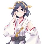  1girl adjusting_glasses bare_shoulders black_hair blue_eyes blush breasts detached_sleeves glasses hairband japanese_clothes kantai_collection kirishima_(kantai_collection) personification semi-rimless_glasses short_hair skirt smile 