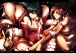  2girls ahri animal_ears bare_shoulders beancurd black_hair breasts brown_hair cleavage detached_sleeves fox_ears fox_tail green_eyes league_of_legends letterboxed long_hair multiple_girls multiple_tails nidalee ponytail tail tattoo yellow_eyes 