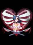  1girl blood blood_stain blue_hair breasts cleavage crossed_arms dual_wielding eyepatch gloves hair_over_one_eye hat large_breasts megan_ann_boyd nurse nurse_cap ponytail red_eyes scalpel skullgirls solo surgical_mask syringe valentine_(skullgirls) white_gloves 