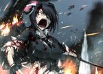  1girl angry black_hair blood fire gloves hetza_(hellshock) kantai_collection necktie open_mouth short_hair solo sword tenryuu_(kantai_collection) weapon wound yellow_eyes 