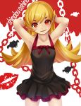  1girl armpits arms_up bare_shoulders blonde_hair blush dress fangs highres long_hair monogatari_(series) oshino_shinobu pointy_ears red_eyes smile solo yato 