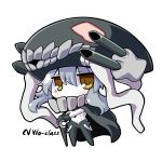  1girl bodysuit cape chibi hands_clasped kantai_collection long_hair monster no_mouth personification pose silver_hair staff wo-class_aircraft_carrier 