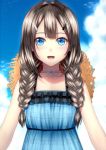  1girl blue_eyes blush braid brown_hair collarbone dress hat kai_(link2262) long_hair original sky smile solo straw_hat twin_braids 