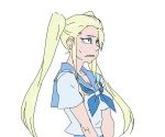  1girl alternate_costume blonde_hair blue_eyes breasts hakodate_omiko kill_la_kill long_hair oekaki portrait school_uniform serafuku sharp_teeth solo sweatdrop twintails v_arms yuuya_(yu-ya&#039;s) 