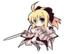  ahoge armor armored_dress bare_shoulders blonde_hair caliburn detached_sleeves fate/stay_night fate/unlimited_codes fate_(series) gauntlets grafity7 greaves green_eyes hair_ribbon ribbon saber saber_lily smile sword updo weapon 