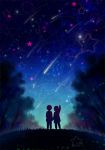  2boys armin_arlert eren_jaeger grass hill meteor_shower moxue_qianxi multiple_boys pointing shingeki_no_kyojin silhouette star star_(sky) tree 