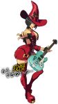  1girl bare_shoulders black_hair bob_cut boots breasts brown_hair cleavage electric_guitar fingerless_gloves gloves green_eyes guilty_gear guilty_gear_xrd guitar hat i-no instrument lipstick makeup mole official_art platform_footwear short_hair smile solo thigh_boots thighhighs witch_hat zettai_ryouiki 