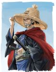  1boy atomic_samurai black_hair cape hat indesign japanese_clothes katana long_hair onepunch_man ponytail samurai solo straw_hat sword weapon 
