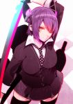 1girl eyepatch fingerless_gloves gloves kantai_collection kuso_bba looking_at_viewer machinery necktie personification purple_hair short_hair solo sword tenryuu_(kantai_collection) thighhighs weapon yellow_eyes 