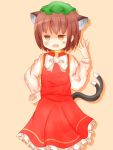  1girl abura2000 animal_ears blush bow brown_eyes brown_hair cat_ears cat_tail chen earrings fang fingernails hand_on_hip hat highres jewelry open_mouth short_hair simple_background skirt smug solo tail touhou 