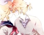  1boy 1girl blonde_hair blue_eyes eye_contact face-to-face kagamine_len kagamine_rin looking_at_another mozzu school_uniform serafuku short_hair simple_background smile vocaloid white_background 