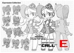  1girl call_(mighty_no._9) character_sheet concept_art contrapposto dress expressionless expressions fringe garrison_cap hand_on_hip hat headset ishikawa_hideki long_hair mighty_no._9 monochrome necktie short_dress side_ponytail solo 
