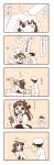  1boy 1girl 4koma admiral_(kantai_collection) bed comic detached_sleeves double_bun hair_ornament hairband highres japanese_clothes kantai_collection kongou_(kantai_collection) long_hair long_sleeves lr_hijikata nyoro~n ribbon_trim translated wide_sleeves 