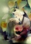  1boy animal_ears chinese_lantern flower japanese_clothes lantern leaf male original saiga_tokihito solo white_hair 